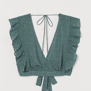H&M Green Polka Dot Patterned Beach Ruffle Tie Top
